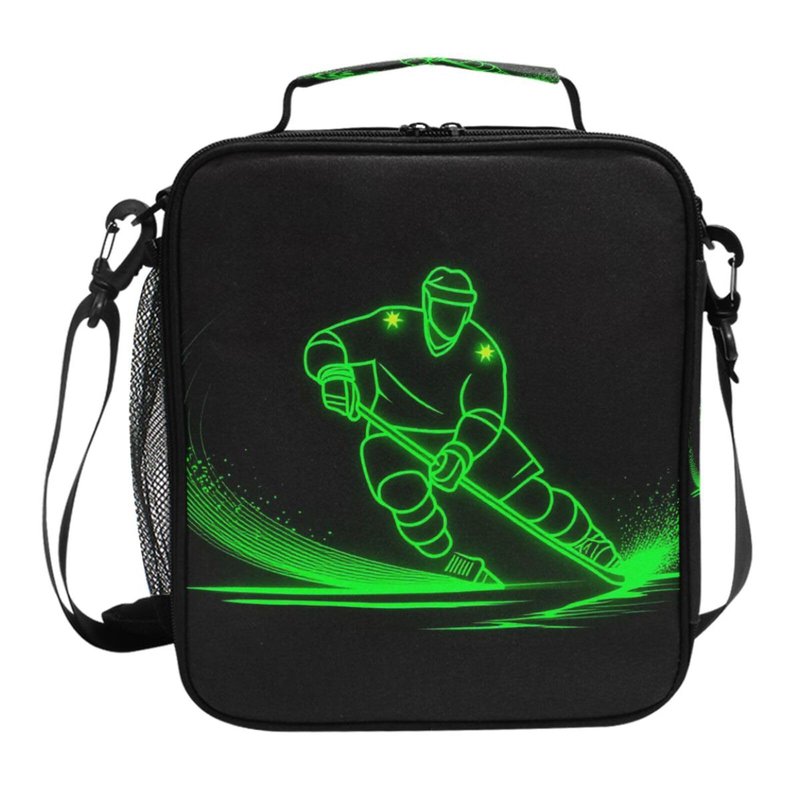 Pfrewn Hockey Player Lunch Box for Kids Green Neon Hockey Sport Insulated Lunch Bag Reusable Cooler Meal Prep Bags Lunch Tote with Shoulder Strap for Boys Girls School Office Adult