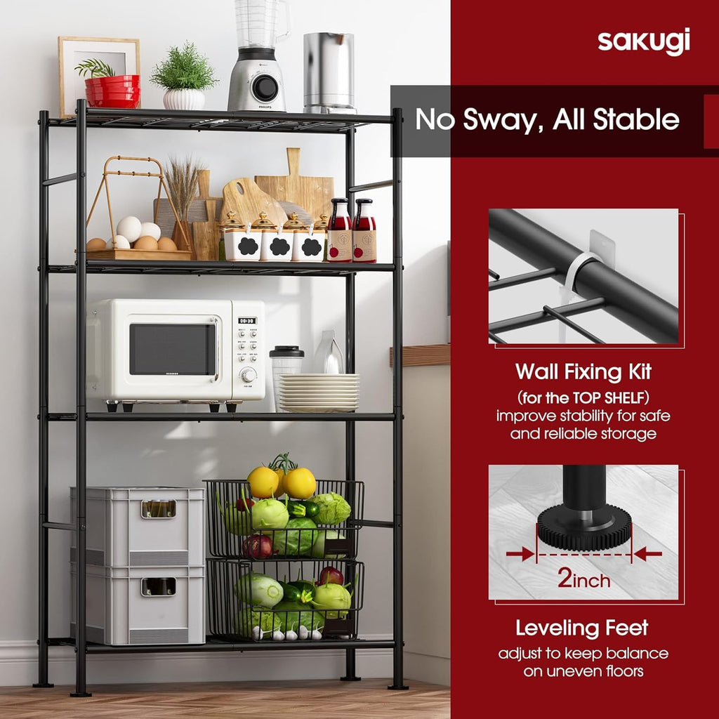 Sakugi Storage Shelves - Heavy Duty 4-Tier Shelf Organizer for Kitchen & Garage | 33" W x 12.6" D x 57.2" H, Black