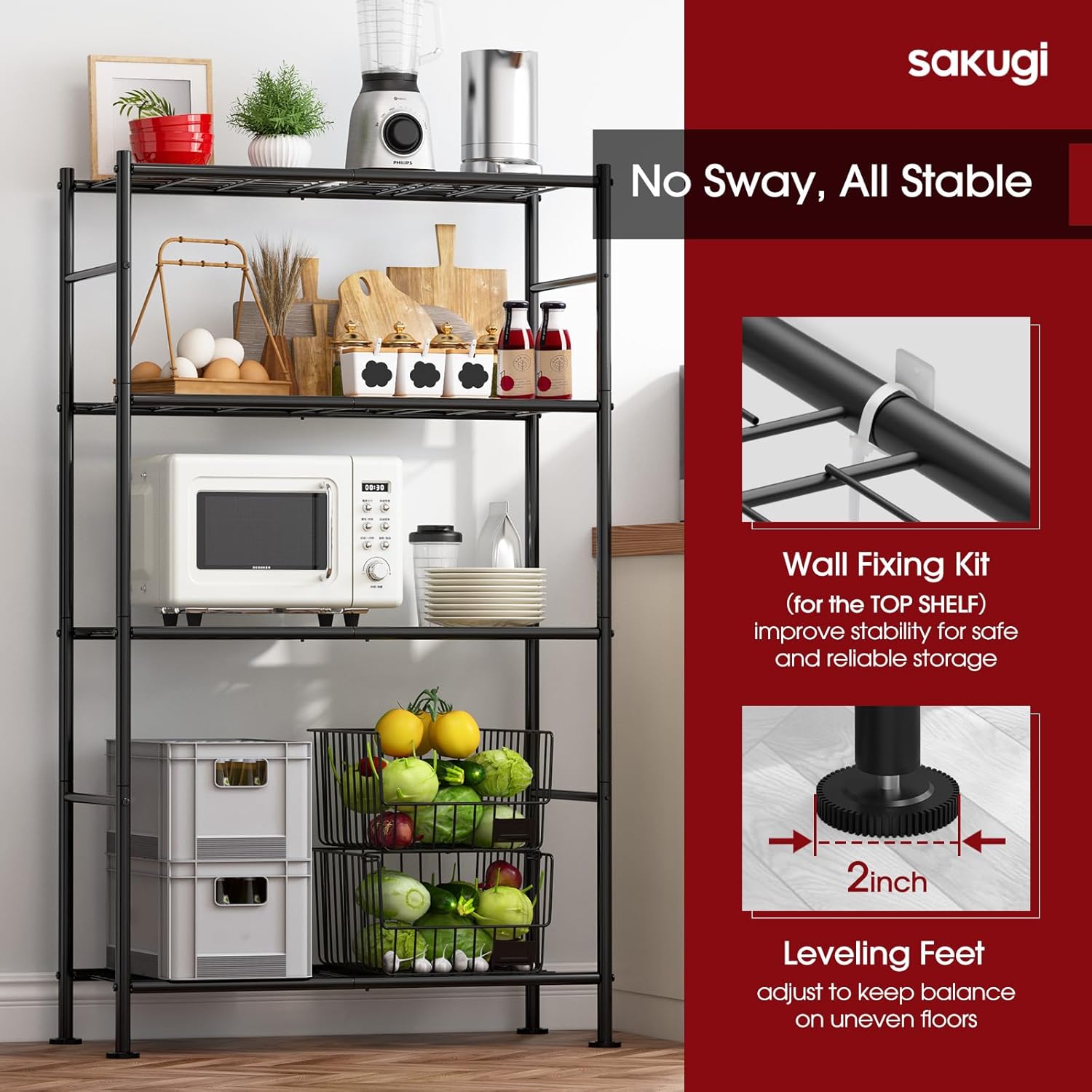 Sakugi Storage Shelves - Heavy Duty 4-Tier Shelf Organizer for Kitchen & Garage | 33" W x 12.6" D x 57.2" H, Black