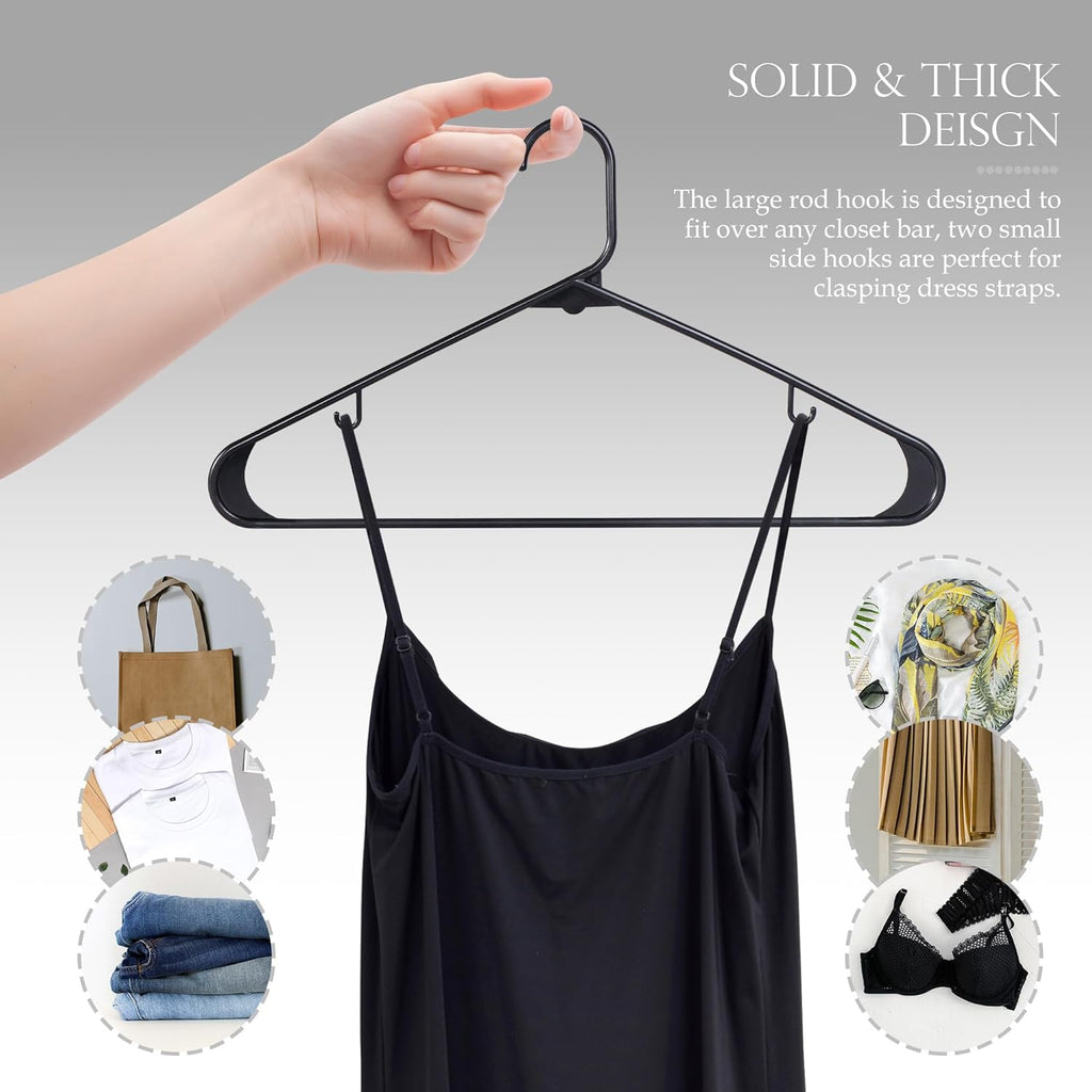 SUPER DEAL Plastic Hangers - 100 Pack Heavy-Duty Clothes Hangers with Double Hooks | Space-Saving Black