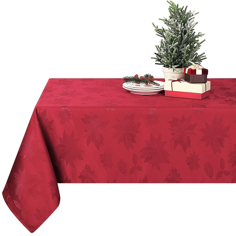 Tegeme Christmas Poinsettia Red Tablecloth Rectangular Reusable Holiday Damask Fabric Table Cloth Jacquard Washable Polyester Spillproof Table Cover for Dinner Xmas Decor(60 x 104 Inch)