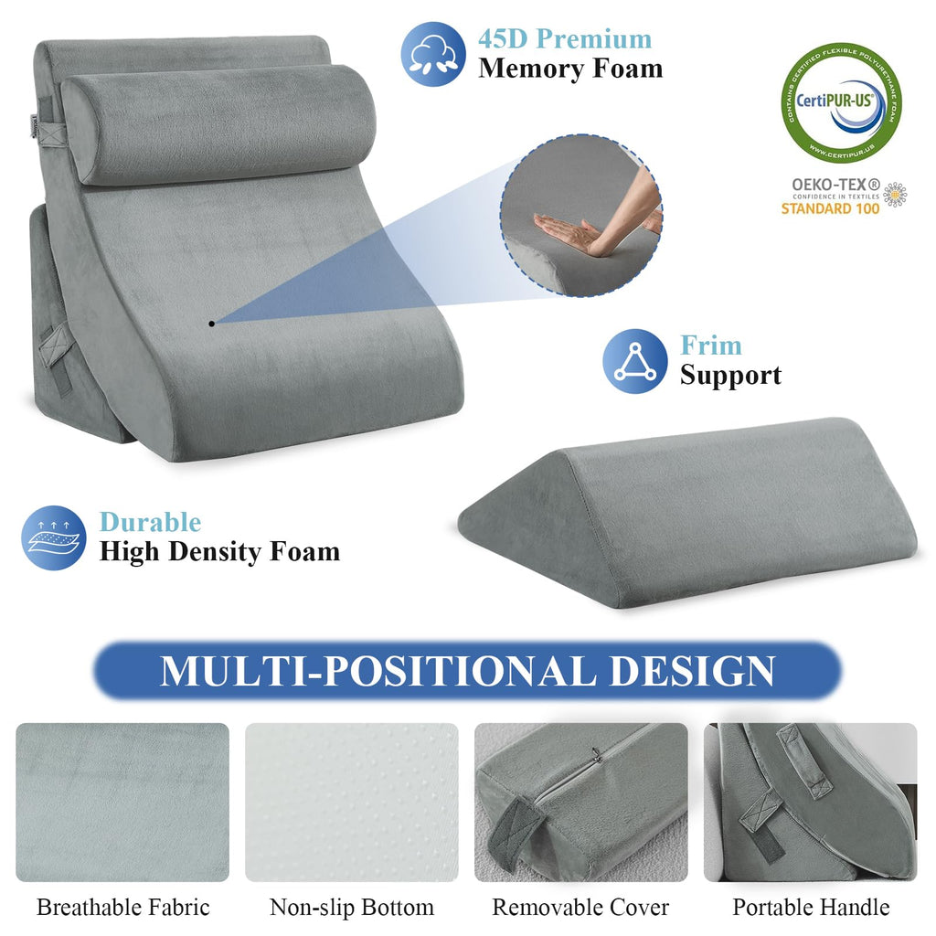 4PCS Orthopedic Bed Wedge Pillow Set, Post Surgery 45D Memory Foam for Back, Neck, and Leg Pain Relief Pleasing & Adjustable Support Pillows-Ease Acid Reflux & GRED with Better Sleep, Dark Grey
