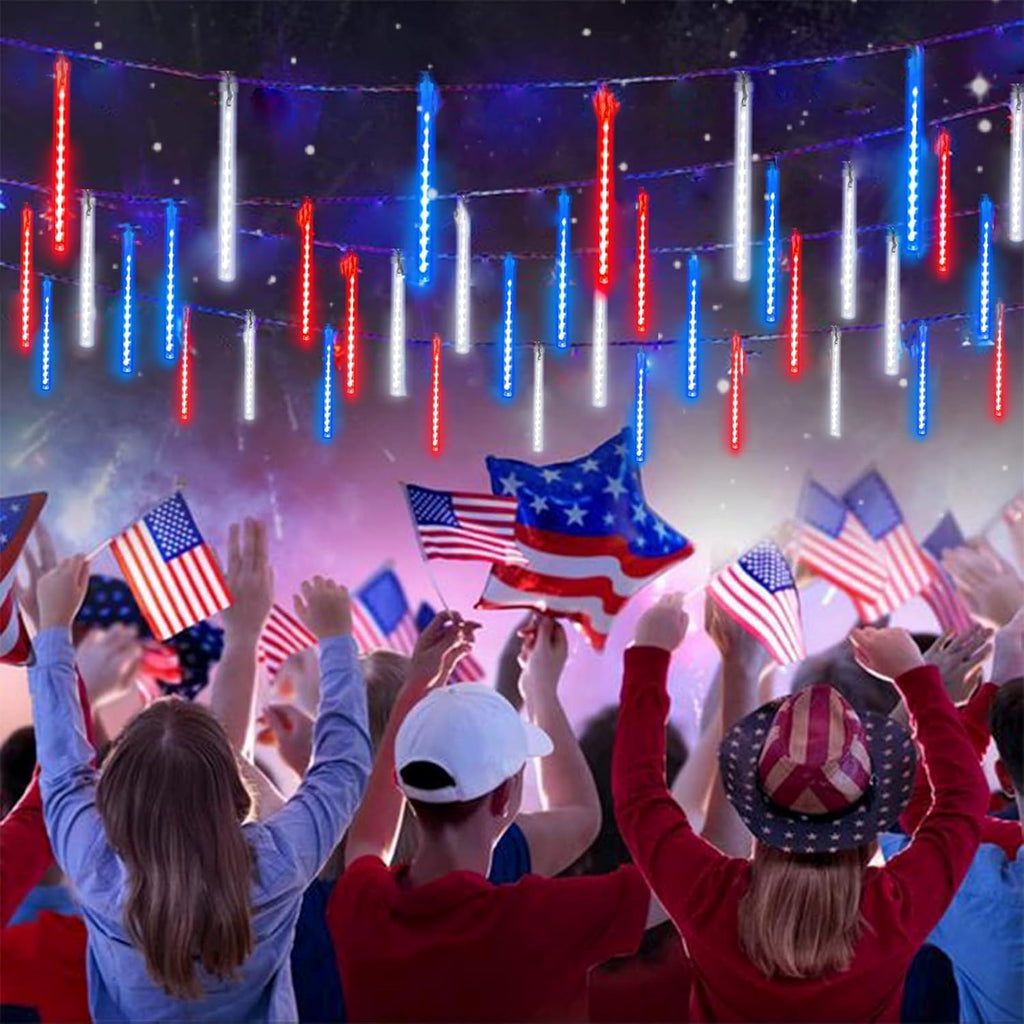 Skiennix 4th of July Decorations - USA 250th Anniversary Solar Meteor Shower Lights | 18 Tubes, 432 LEDs, Waterproof