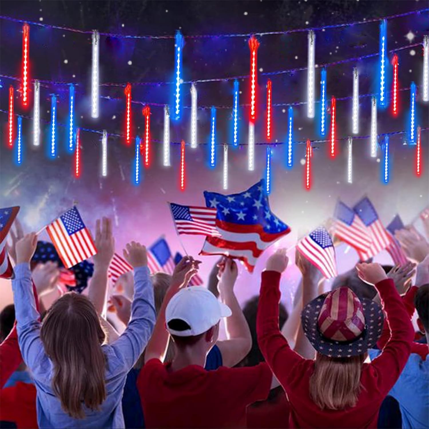 Skiennix 4th of July Decorations - USA 250th Anniversary Solar Meteor Shower Lights | 18 Tubes, 432 LEDs, Waterproof