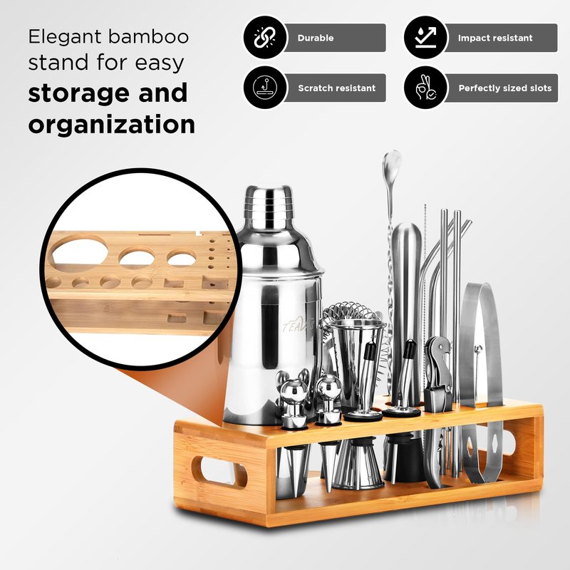 TEAVAS Mixology Black Bartender Kit with Japanese Jigger & Stand - 13 Piece Stainless Steel Cocktail Making Set - Boston Shaker, Strainer, Mixer Spoon, Muddler - Barware Anniversary & Birthday Gifts