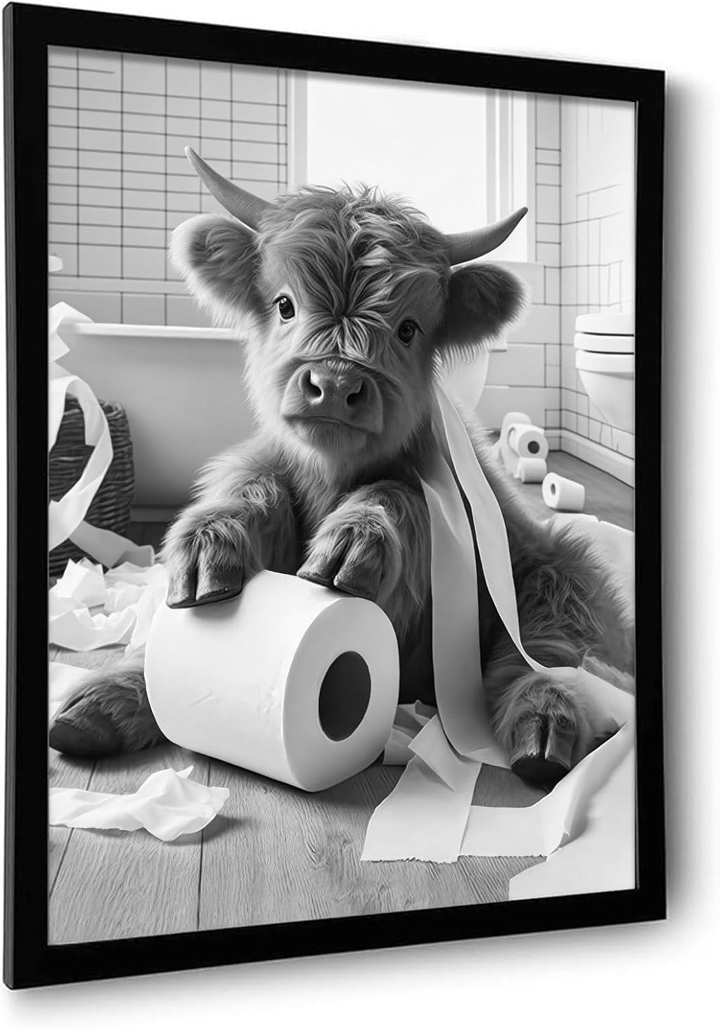 OIQArt Funny Bathroom Wall Art - Black and White Highland Cow Canvas Prints | Modern Minimalist Decor