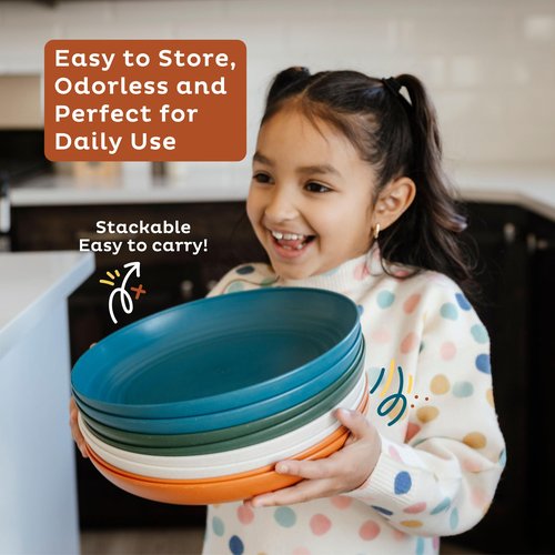Nook Theory 8-Pack Reusable Wheat Straw Plates Set - Non Toxic and Non Plastic Dinner Plates for Kids and Adults, Lightweight Unbreakable Plate, Microwave Safe and Dishwasher Safe (Meadow 10")