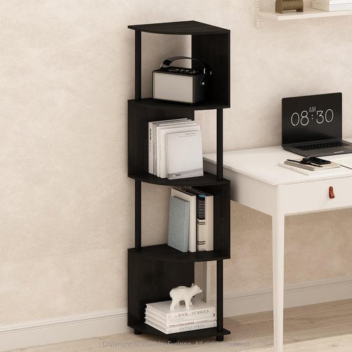 Furinno 4-Tier Zigzag Corner Bookshelf - Stylish Espresso/Black Bookcase for Living Room & Home Office