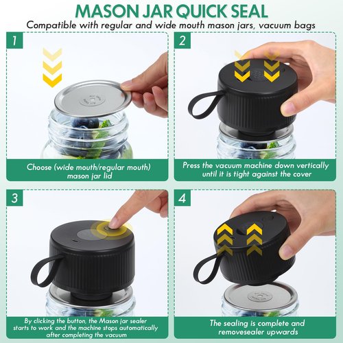 Automatic Mason Jar Vacuum Sealer Kit for Regular Mouth and Wide Mouth Canning Jars, 3-in-1 Electric Mason Jar Vacuum Sealer with 10 Regular Mouth 10 Wide Mouth Canning Jars and 2 Sous Vide Bags