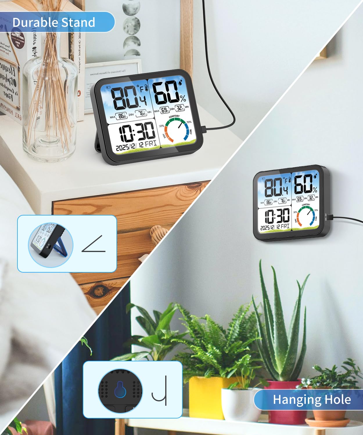 VOCOO Digital Indoor Thermometer - 5.8'' Large Display Temperature & Humidity Sensor with Accurate Readings, Backlit, Date & Clock