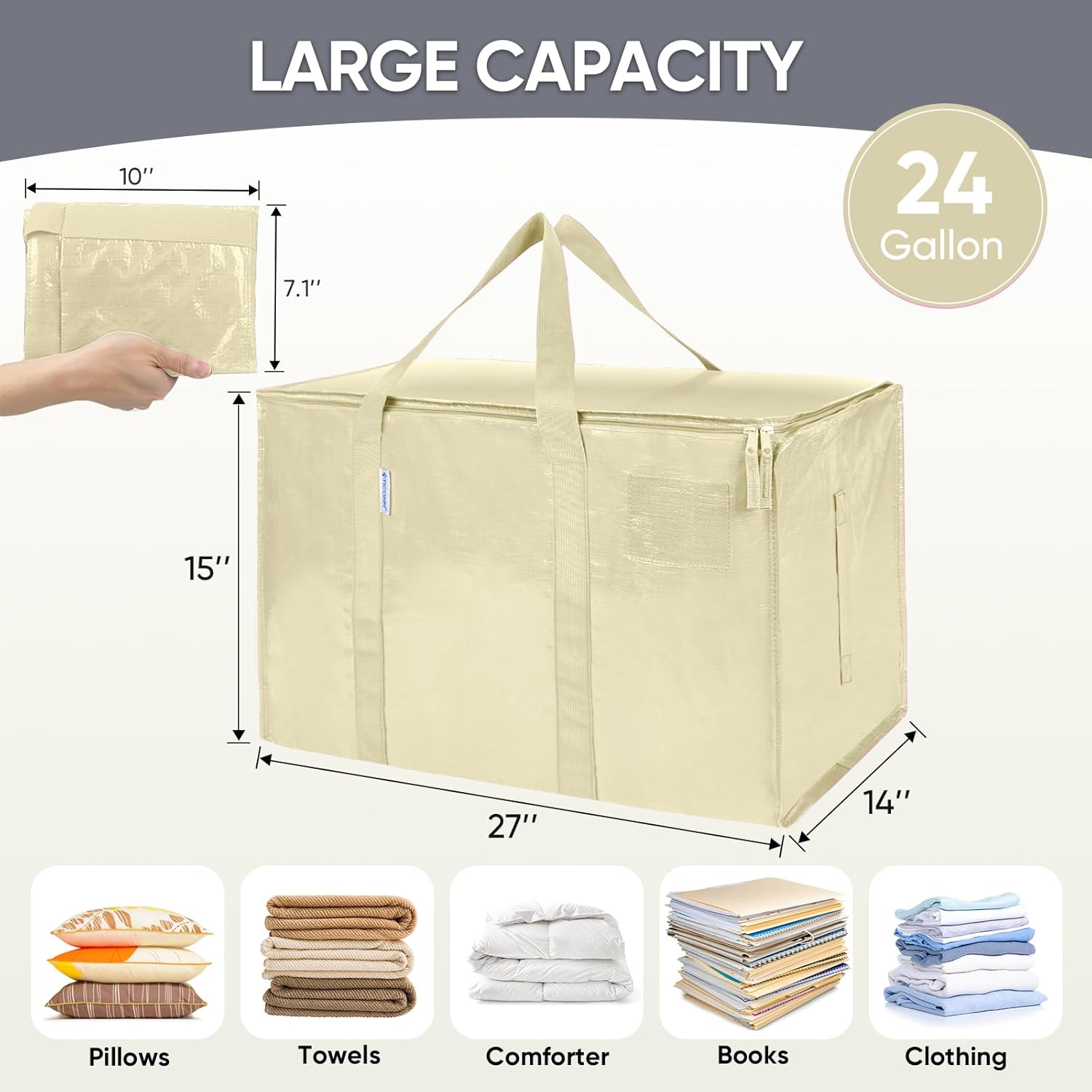 TICONN Extra Large Heavy Duty Moving Bags - Durable Storage with Zippers & Handles | 6 Pack, Cream