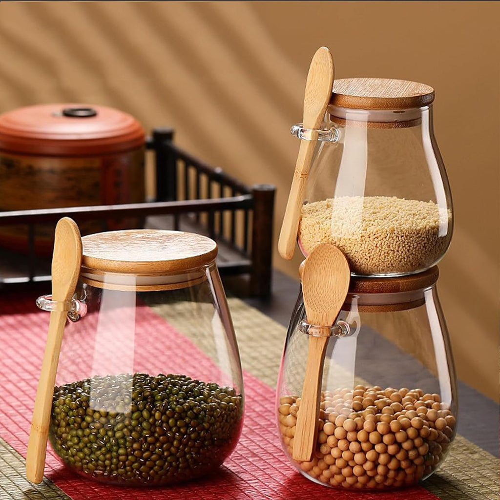 DNIENKGE Airtight glass jar storage container with bamboo lid Set of 4, wide mouth, leak-proof, With a spoon, can be used for coffee beans, tea leaves, grains, dried fruits, etc (Small*4pcs)