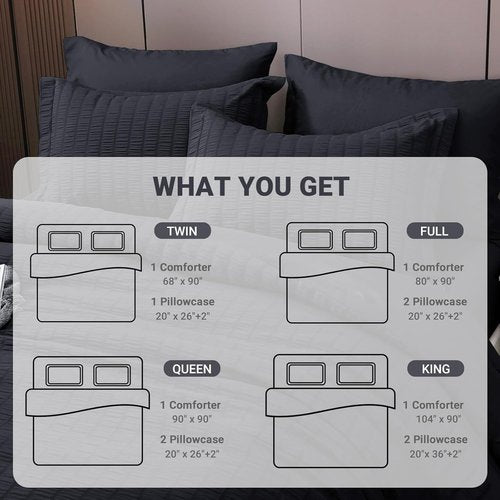 HYMOKEGE Queen Seersucker Comforter Set - Lightweight 3-Piece Bedding for All Seasons | Black