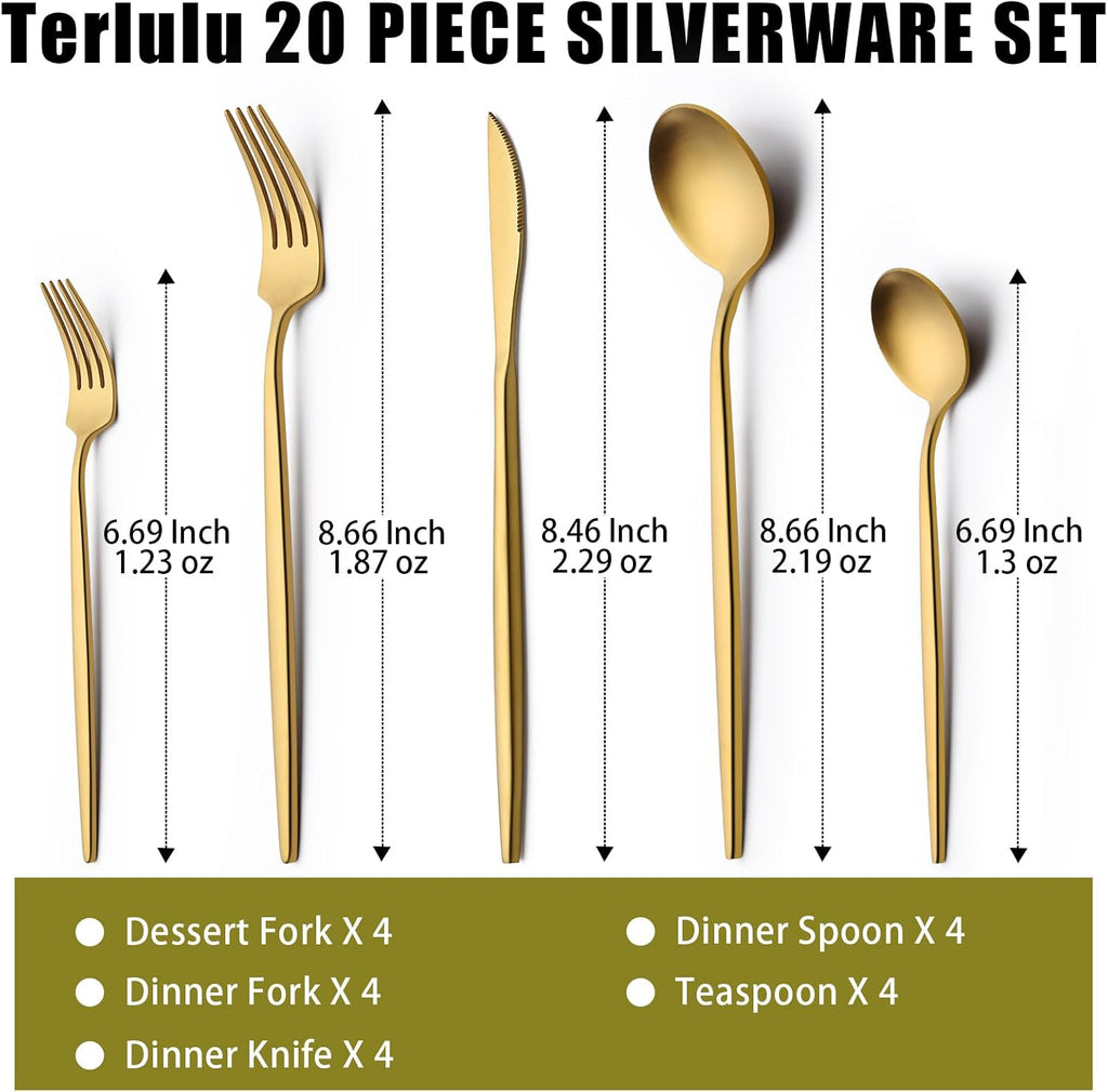 Terlulu 20-Piece Gold Silverware Set | Stainless Steel Flatware for 4 | Elegant Tableware for Home & Events