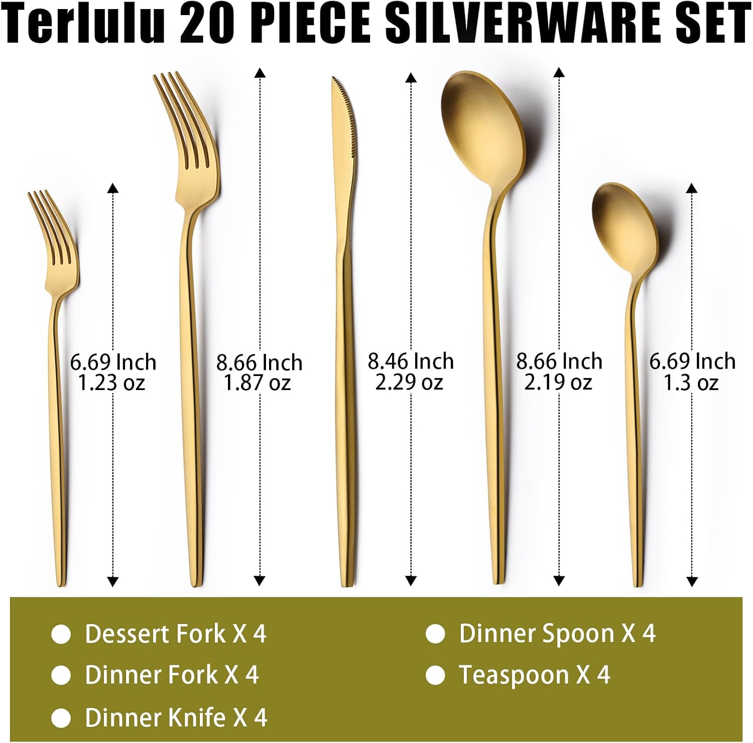 Terlulu 20-Piece Gold Silverware Set | Stainless Steel Flatware for 4 | Elegant Tableware for Home & Events