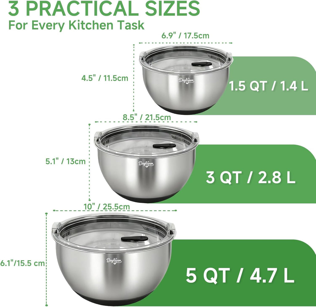 Skiennix Mixing Bowls - Stainless Steel Nesting Bowl Set with Airtight Lids | 3 Essential Sizes (1.5/3/5 QT)
