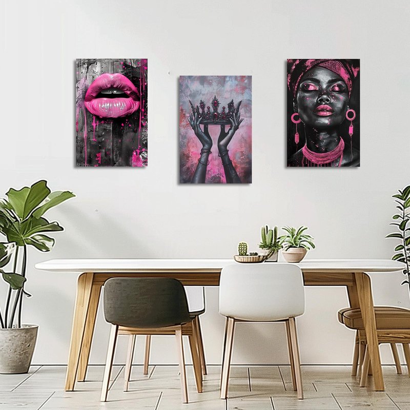 PBXBJY African American Wall Art African Girl Canvas Prints 3 PCS Black Queen with Pink Crown Lips Painting Black Woman Picture Framed Home Office Decor (16.00" x 24.00" x 3PCS)