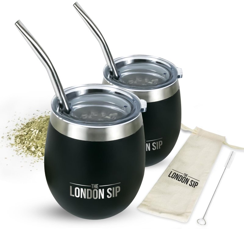 London Sip Yerba Mate Cup and Bombilla Set, Includes 2 Gourds (8 oz each), Spill Resistant Lids, Straws, Bombilla Brush and Pouch Included, Black