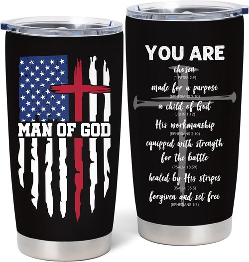 Christian Gifts for Men - Inspirational 20oz Coffee Tumbler | Bible Verse Design for Fathers Day, Christmas, Graduation