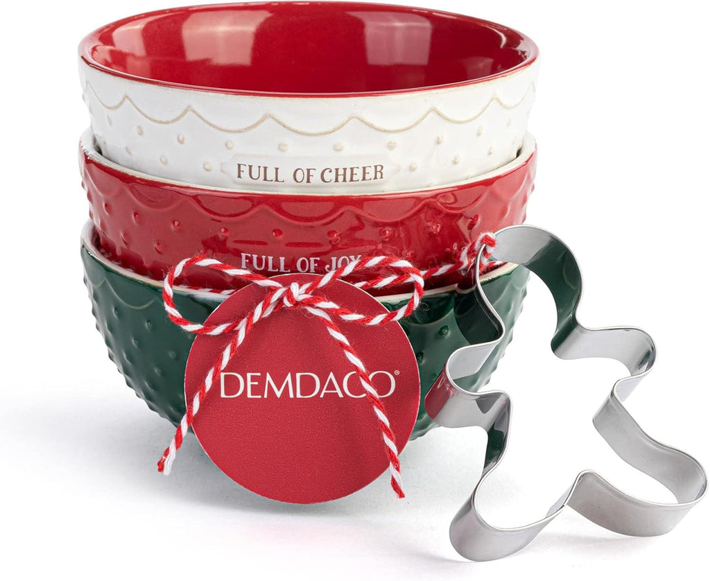 DEMDACO Full Of Cheer Red, Green, and White 7 Ounce Ceramic Christmas Baking Bowls Set of 3