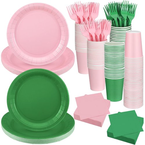 Willinglong 48 Sets/ 192 Pcs Green and Pink Witch Party Decoration Pink and Green Paper Plates Napkins Cups and Fork Decorations for Girl Birthday Decorations