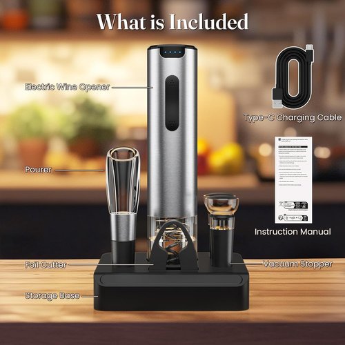 HomeHacks Electric Wine Opener - Automatic with Foil Cutter & Vacuum Stopper | Rechargeable Gift for Wine Lovers