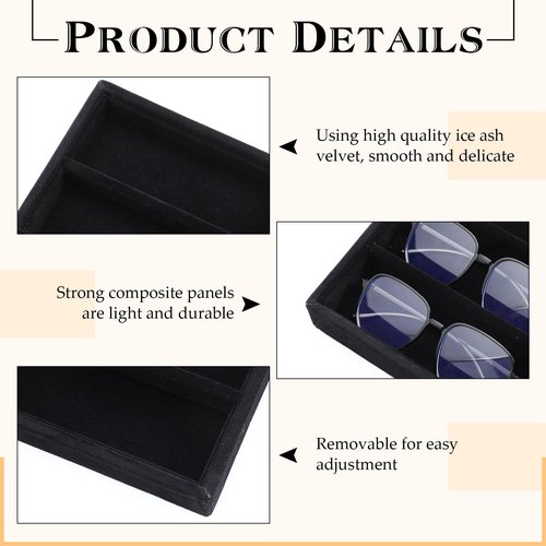 Batiyeer Sunglasses Organizer Storage Tray 10 Grids Eyewear Watch Holder Display Stackable Ice Velvet Tray Women(Black,4 Pcs)