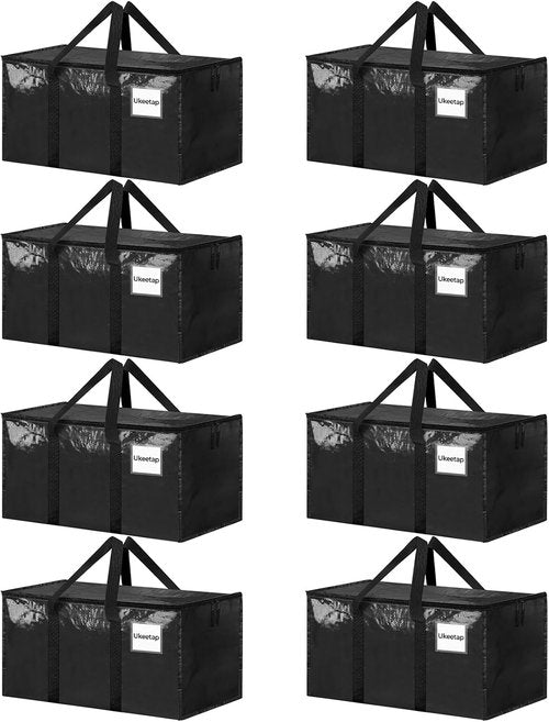 Heavy-Duty Moving Bags - 8 Pack Extra Large Storage Totes with Lids & Reinforced Handles | Black