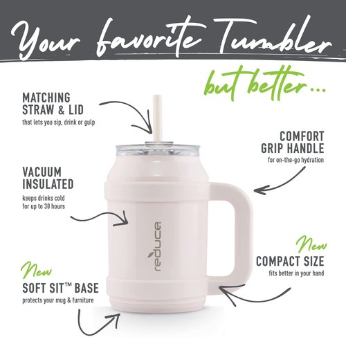 REDUCE Reusable 32 oz Cold1 Water Tumbler – Ergonomic Handle – Double-Wall Insulation – Sturdy Desktop/Tabletop Mug with Lid and Straw – BPA-Free – Stainless Steel for Gym, Home, or Office– Cotton