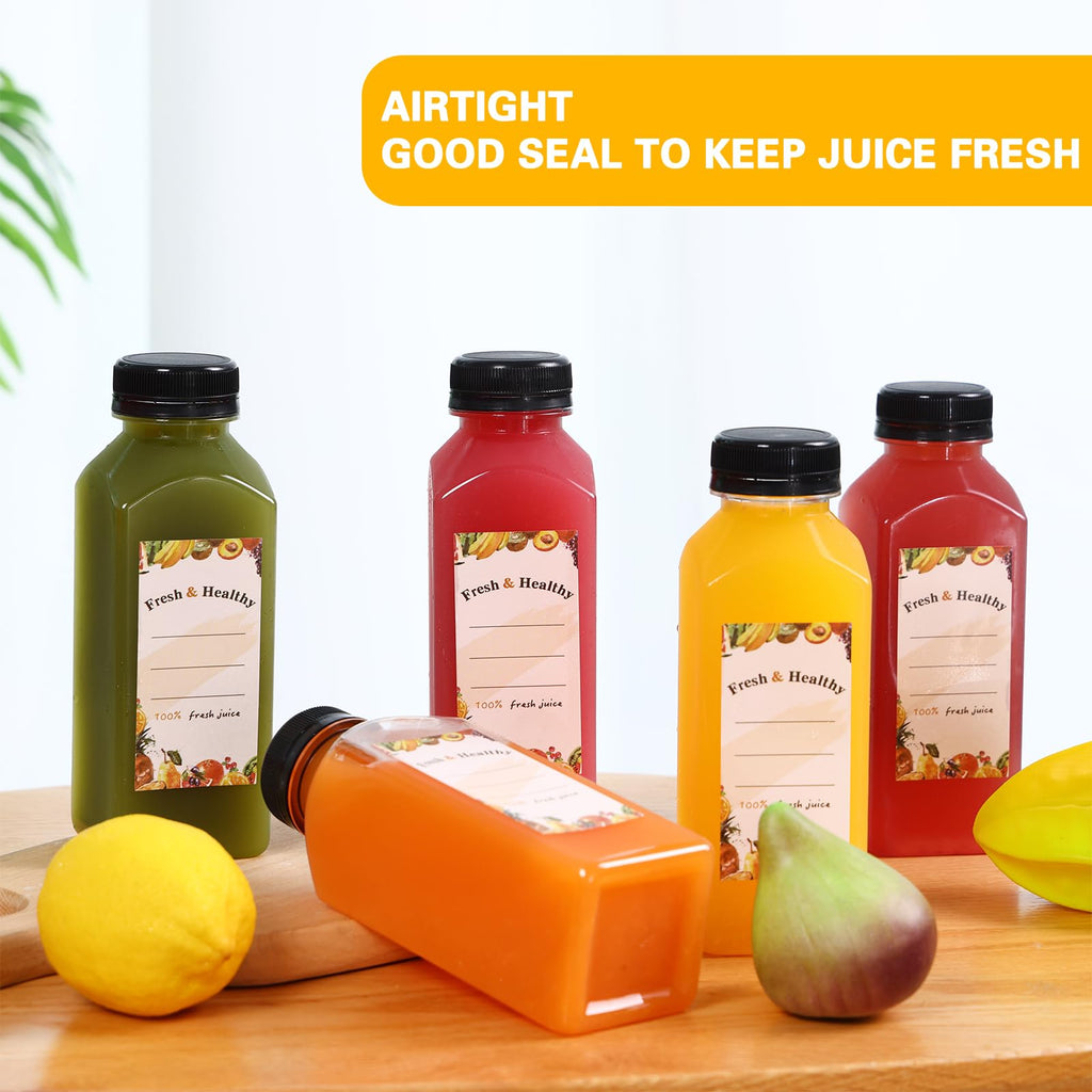 Moretoes 12pcs 12oz Plastic Juice Bottles with Caps, Clear Reusable Juicing Bottles, Empty Drink Containers with Lids for Juicing Smoothies and Other Beverages