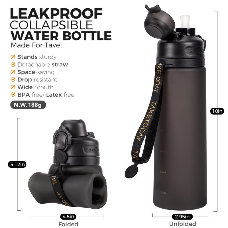 TakeToday Collapsible Water Bottles 21oz (600mL), Foldable Platinum Silicone Travel Water Bottle with Straw & Carry Strap, Leak-Resistant Screw Lid, Wide Mouth, BPA-Free for Hiking, Camping, Travel