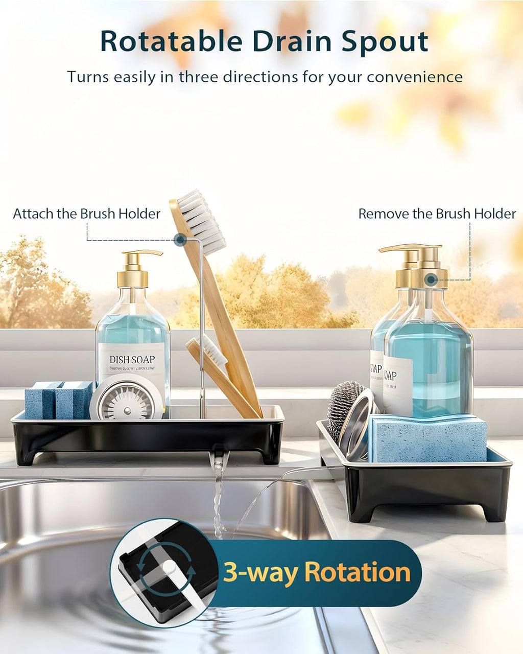 Skiennix Minimalist Sink Caddy - Rustproof Sponge Holder with 304 Stainless Steel Brush Holder | Large Black Countertop Organizer