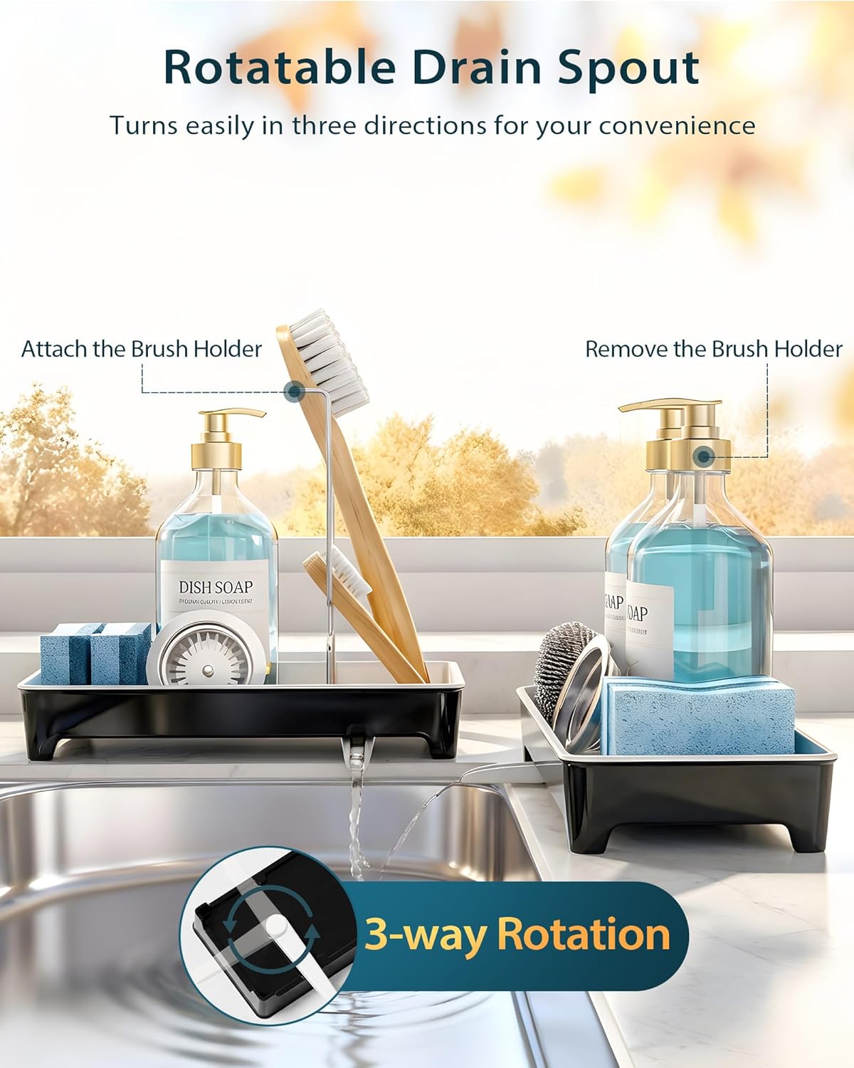 Skiennix Minimalist Sink Caddy - Rustproof Sponge Holder with 304 Stainless Steel Brush Holder | Large Black Countertop Organizer