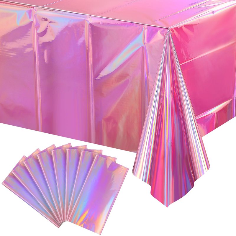8 Pack Iridescent Pink Plastic Tablecloths, FunnyPars Shiny Disposable Laser Rectangle Table Covers, Holographic Foil Tablecloth Iridescent Party Decorations for Kpop Birthday Wedding Xmas, 54x108Inch