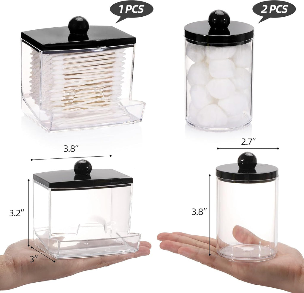Tbestmax Cotton Ball Holder - 10oz Apothecary Jar Organizer for Bathroom | Q-Tips & Swabs Storage with Black Lid