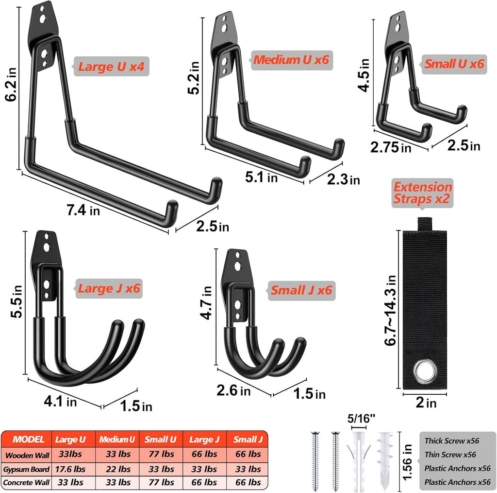 Skiennix Heavy Duty Garage Hooks - Solid Steel Wall Mount Hangers with Anti-Slip Coating | 30 Pack for Organizing Tools