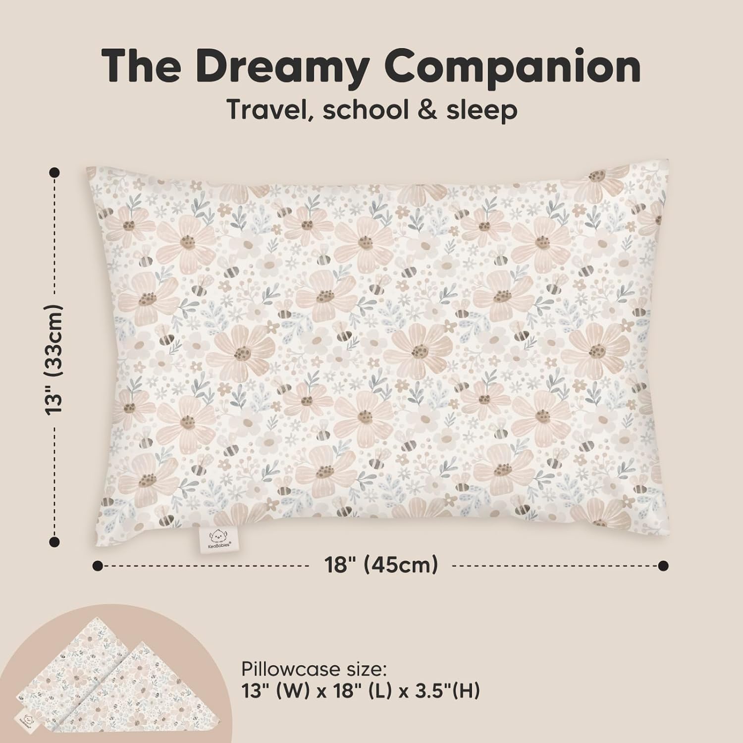My Little Dreamy Toddler Pillow - Organic Cotton Travel Bed Pillow with Soft, Breathable Case | 13x18 Inches for Ages 2-5 (Flora Vale)