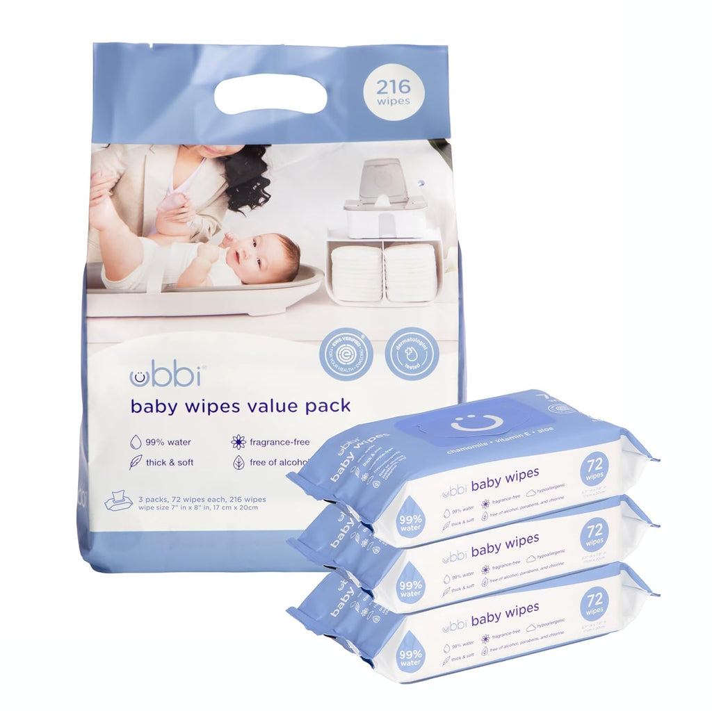 Ubbi Fragrance-Free Baby Wipes - Hypoallergenic, Plant-Based & EWG Verified | 99% Water-Based, 3 Pack (216 Wipes)