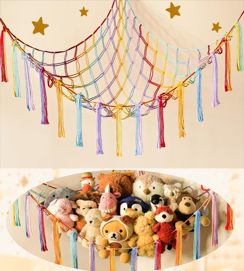 Mirolam Stuffed Animal Hammock - Cute Rainbow Unicorn Storage Net for Teen Girls & Nursery Decor | XL Size