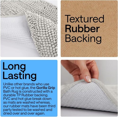 GORILLA GRIP Bath Rug Mat - Soft Absorbent Chenille | Quick-Dry Microfiber, 54x24, Light Gray