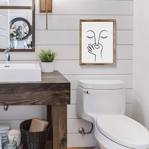 MODE HOME Farmhouse Bathroom Wall Art - Funny Nose Pinching Print in Torched Brown Frame | 14x11 Inch Minimalist Decor