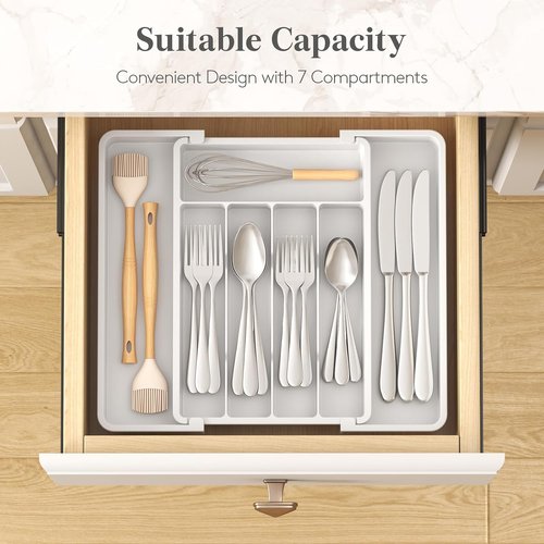 Lifewit Expandable Silverware Drawer Organizer - BPA-Free Utensil Tray for Kitchen | Adjustable Storage, 8.5-14 x 12", White