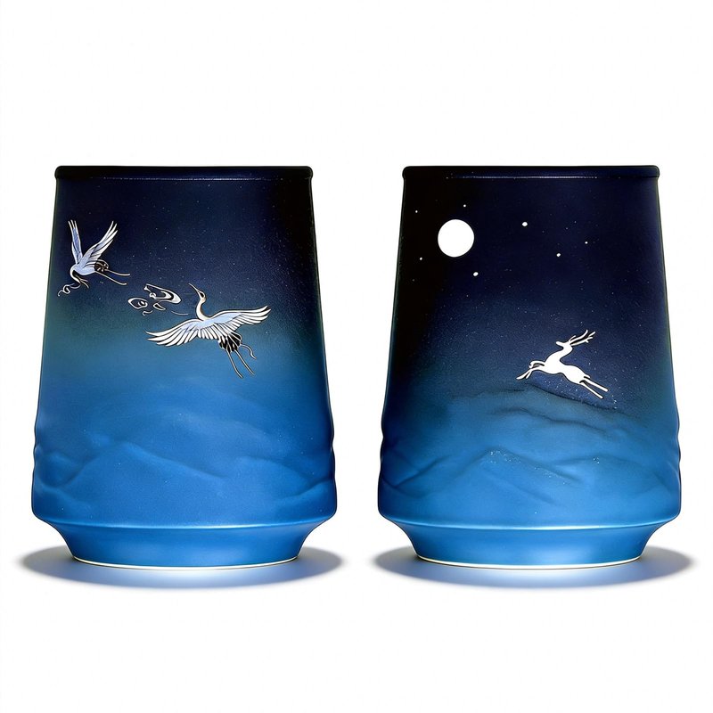CmengAo Pottery Couple Coffee Cups Set of 2 - Gradient Blue Matte Glaze with Crane & Deer Design, Handcrafted Tea Coffee Mugs for Home Decor, Wedding Gift, 10 oz