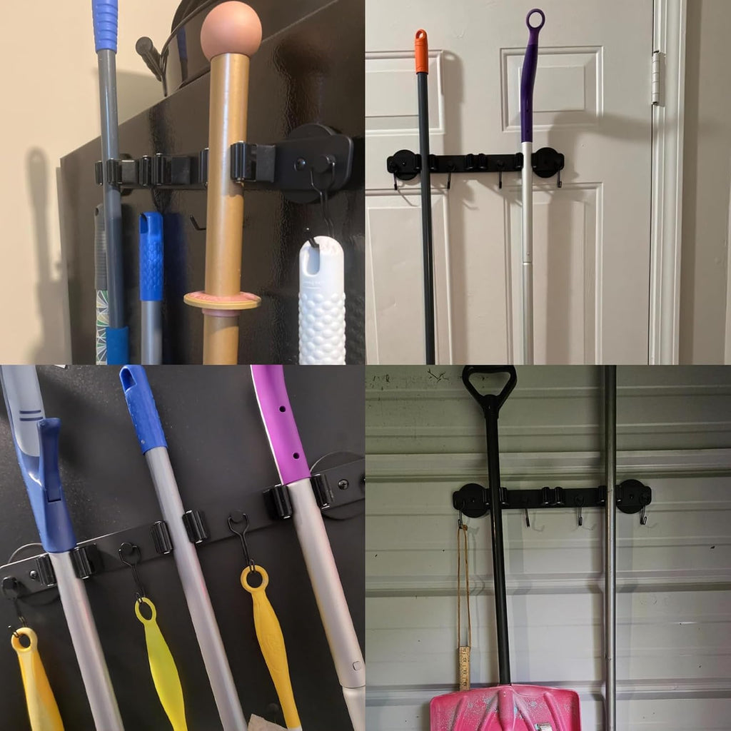 Skiennix Magnetic Mop Holder - Heavy Duty Tool Organizer with Swivel Hooks for Garage & Kitchen