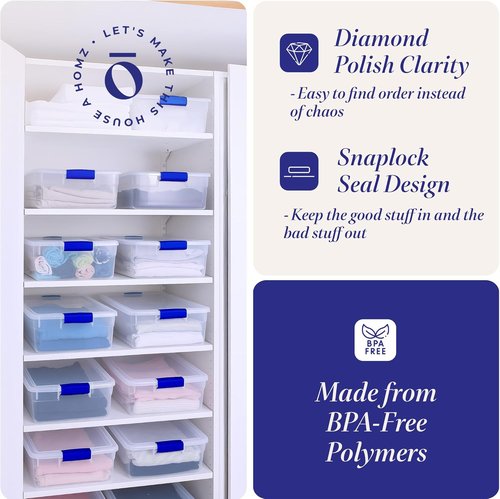 HOMZ Clear Plastic Storage Organizer Bins - 12-Pack 15.5 Quart Stackable Containers in Blue for Home & Office