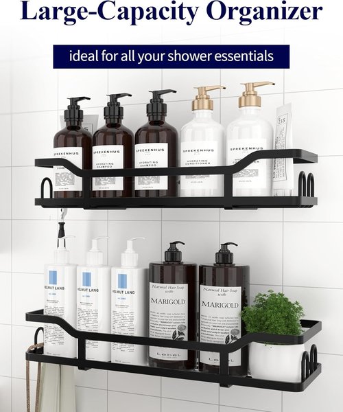Kitsure Shower Caddy - Wall Mounted Organizer with 8 Hooks | Rustproof Stainless Steel, 2 Pack, Black