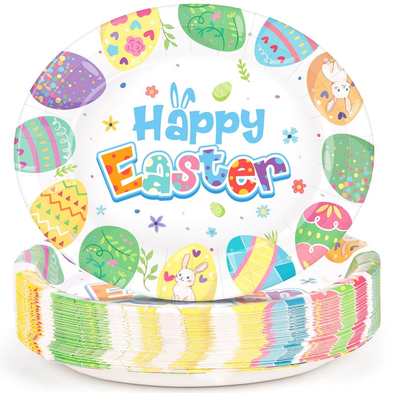 50 Count Easter Plates Heavy Duty, Large Disposable Easter Oval Paper Plates, 10" X 12.5" Happy Easter Platters Dinner Party Plate Pastel Eggs Dinnerware Tableware Spring Holiday Party Supplies