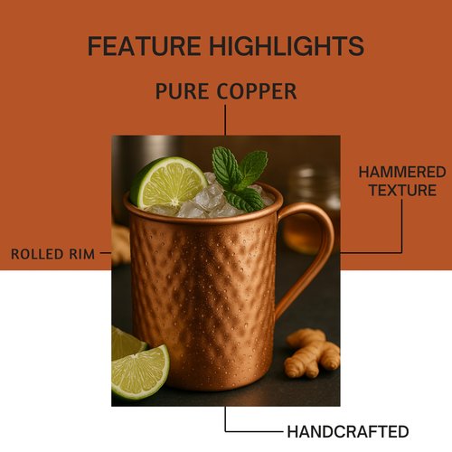 BLIXIFY Moscow Mule Copper Mugs (16oz) | 100% Pure Food Grade Copper Cups | Handcrafted 16oz W/lacquered Hammered Finish | Smooth Rounded Lip, Strong Handle, Unlined Interior