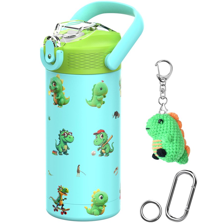 MYFOREST 14oz/400ml Insulated Kids Water Bottle, Odor-Free Surgical Grade Liner, Dishwasher-Safe, Name Spot, Soft Sipper, Gift for Dino Fan (Blue. Dinosaurs)