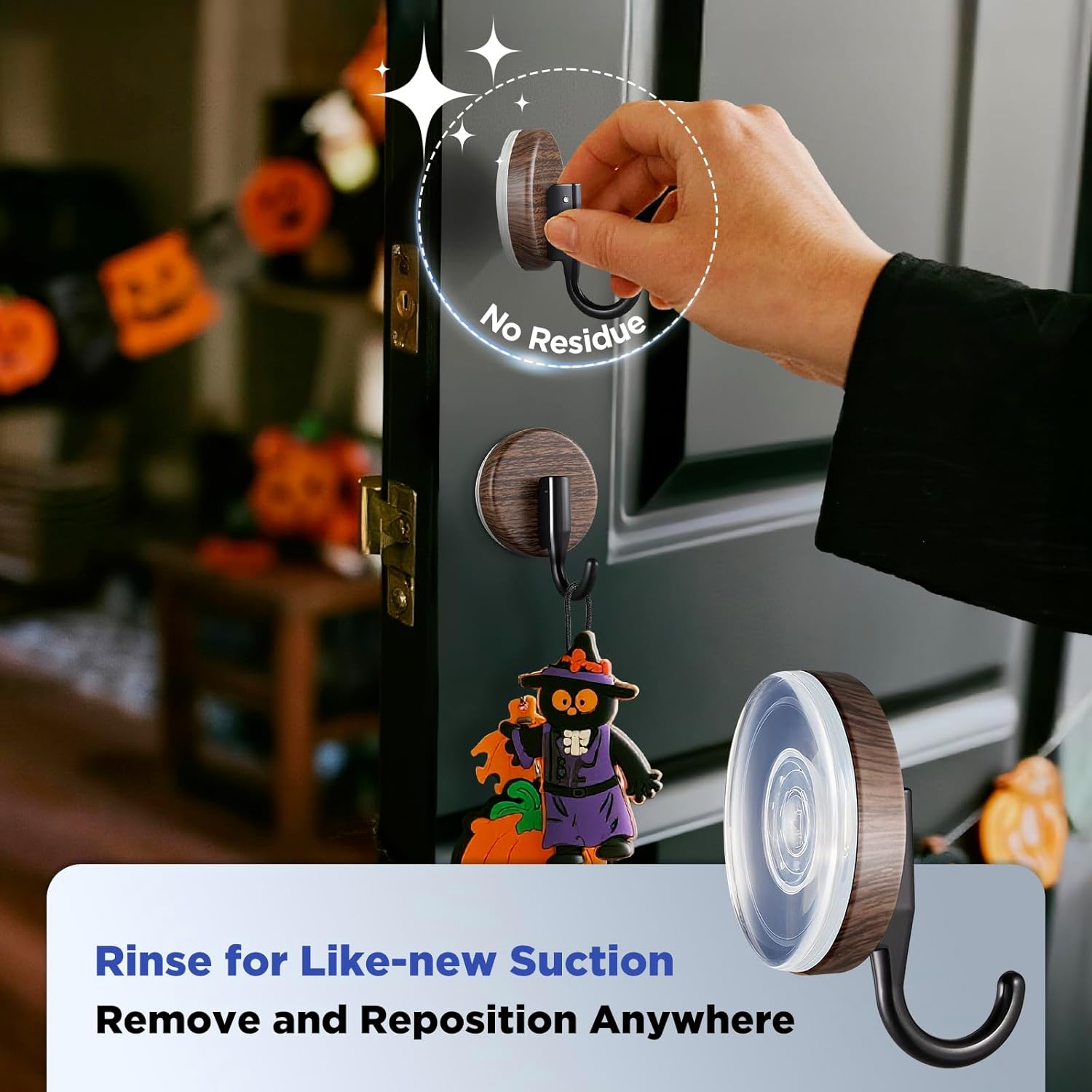 OUTXE Wreath Hanger - Upgraded Suction Cup Hook for Front Door & Glass Window | 4-Pack (Walnut)